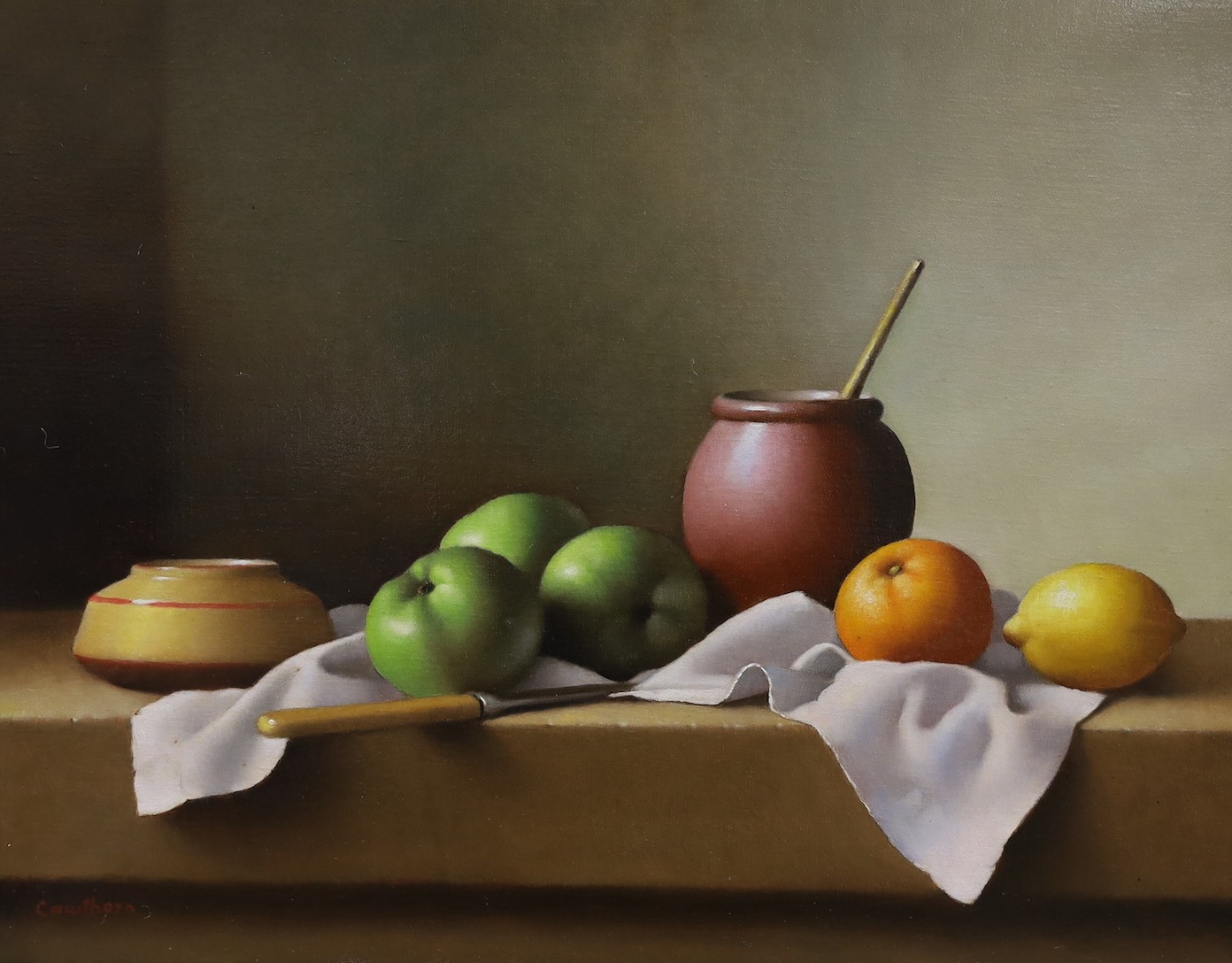 Christopher Cawthorne (20th C.), oil on canvas, Still life of fruit and pots on a table top, signed, 40 x 50cm